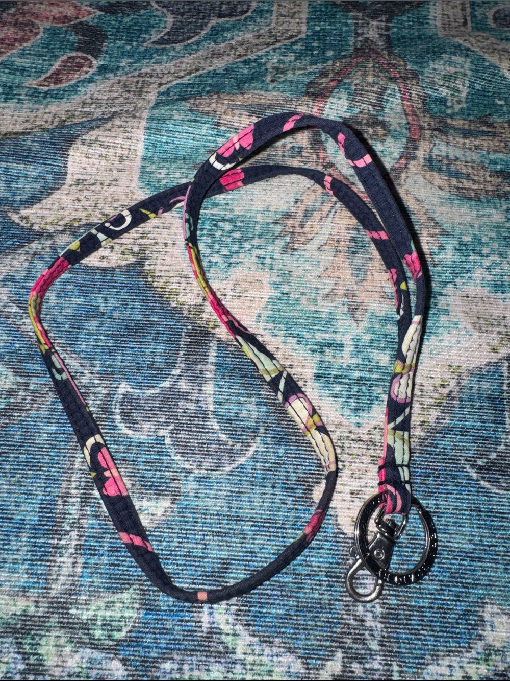 Vera Bradley Navy and Floral Fabric Lanyard with Key Rings